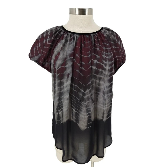 L'AGENCE Blouse Silk Black Tie Dye Short Sleeve Keyhole Back Top Shirt - Picture 1 of 8